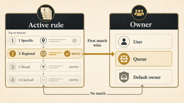 Salesforce lead assignment rule evaluation flow: entries checked top to bottom, first match assigns the owner, no match falls to the default lead owner