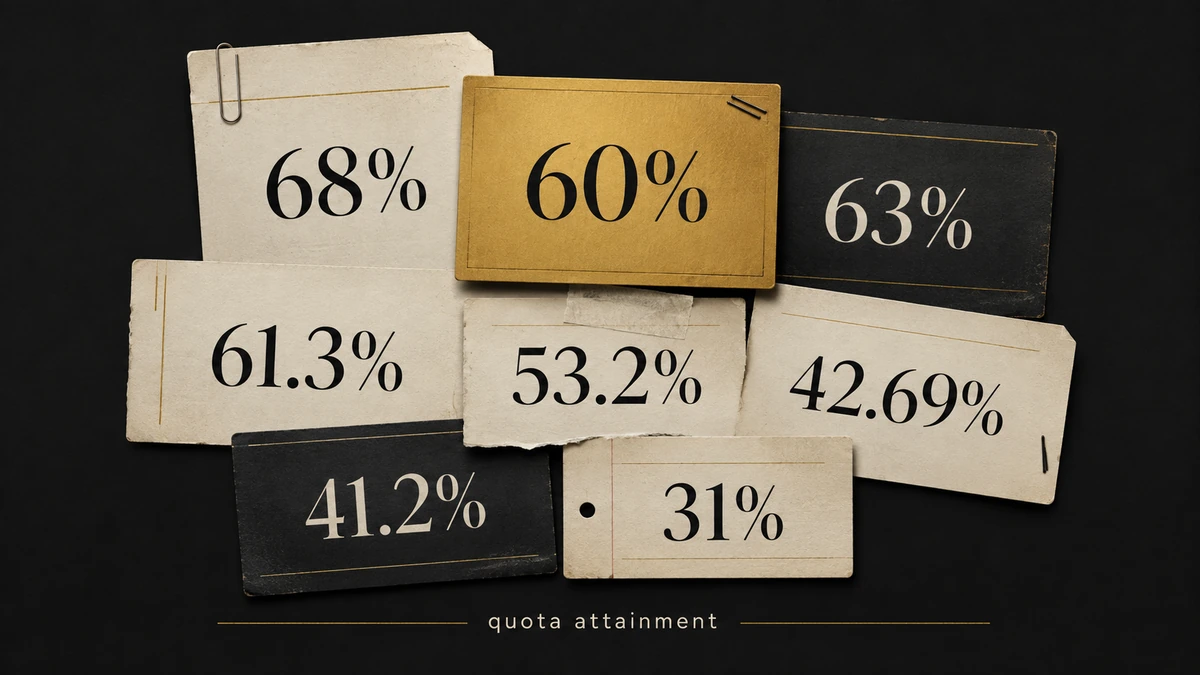 Eight different quota attainment percentages shown as separate evidence cards under one shared label