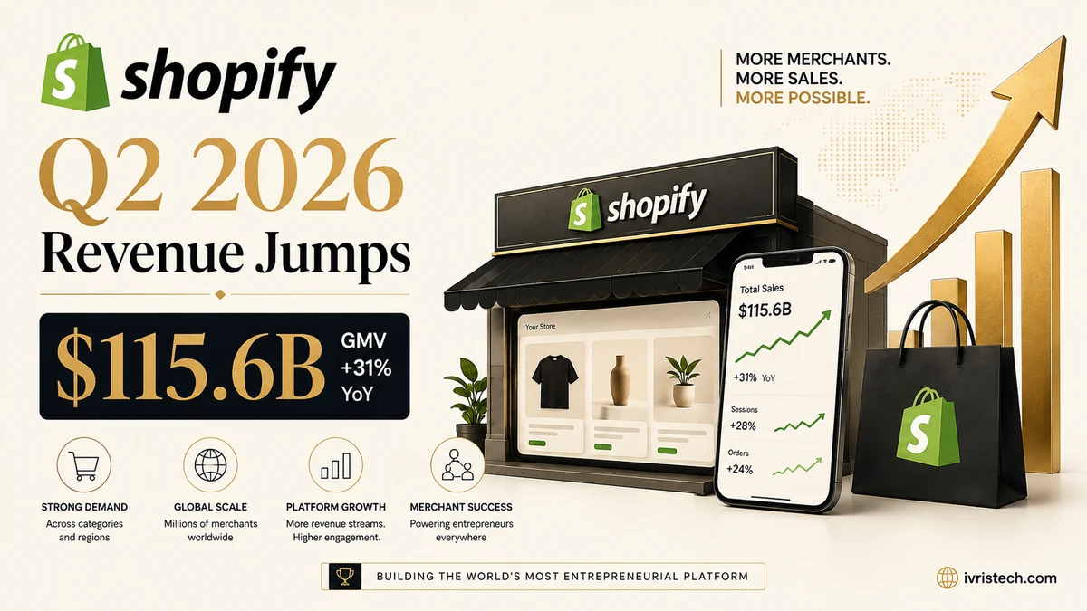 Shopify Q2 2026 commerce scene showing $115.6 billion in GMV, a storefront, mobile sales, merchant activity, and rising growth bars.