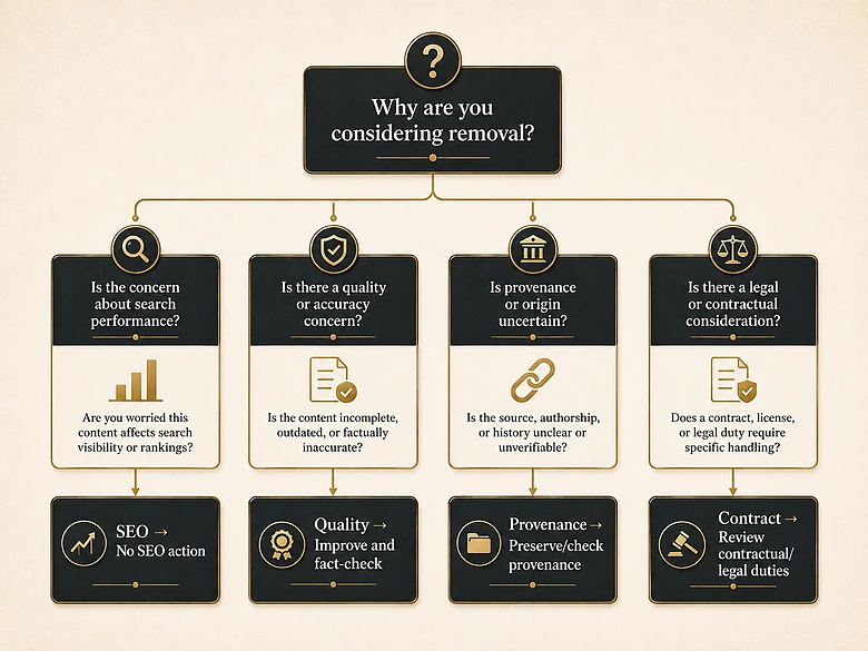 Decision tree for removing an AI watermark based on SEO, contracts, provenance, legal duties, and content quality