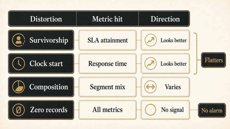 Matrix mapping four silent form failure distortions to the speed-to-lead metrics they affect and the direction of each error