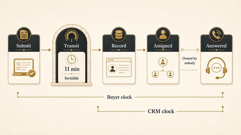 Timeline showing submission, capture, assignment and first response, with the transit segment that CRM reporting cannot see