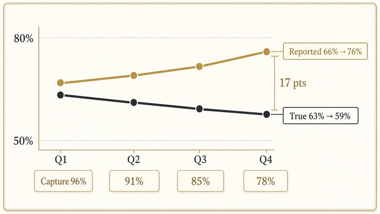 Chart comparing reported and true SLA attainment as capture rate declines, showing reported performance rising while true performance falls
