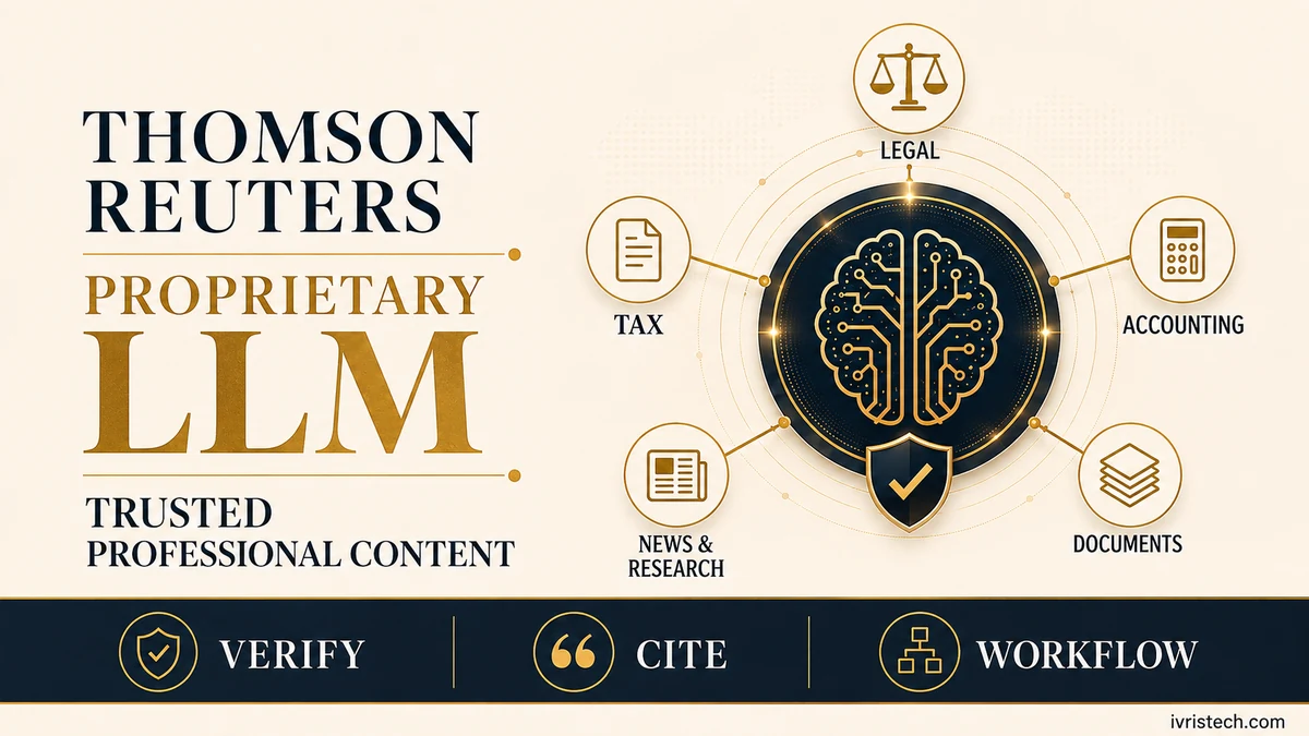 Thomson Reuters proprietary LLM connected to legal, tax, accounting, news, research, and document sources with verification controls.