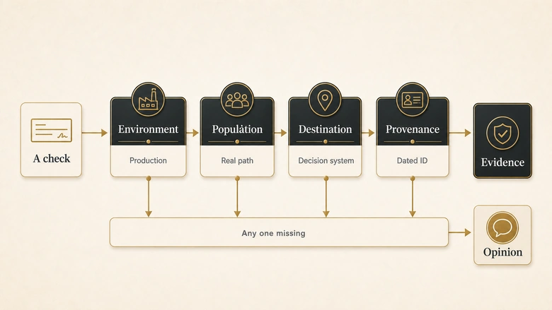 Four conditions a tracking check must meet to count as evidence: environment, population, destination and provenance