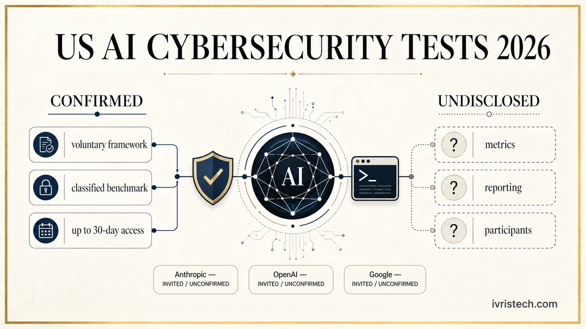 U.S. AI cybersecurity tests 2026 featured image showing confirmed program elements, undisclosed details, and invited but unconfirmed AI participants.
