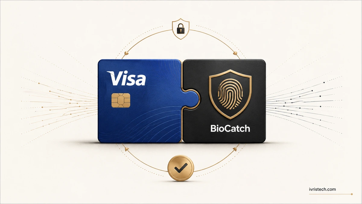 Visa BioCatch acquisition featured image showing a Visa payment card and a BioCatch security block joined like puzzle pieces around a security ring.