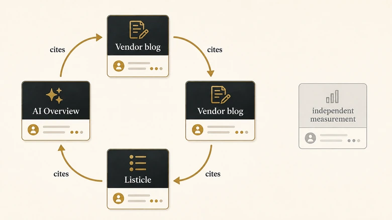Citation loop diagram showing visitor identification match rate benchmarks circulating between vendor blogs and the AI Overview