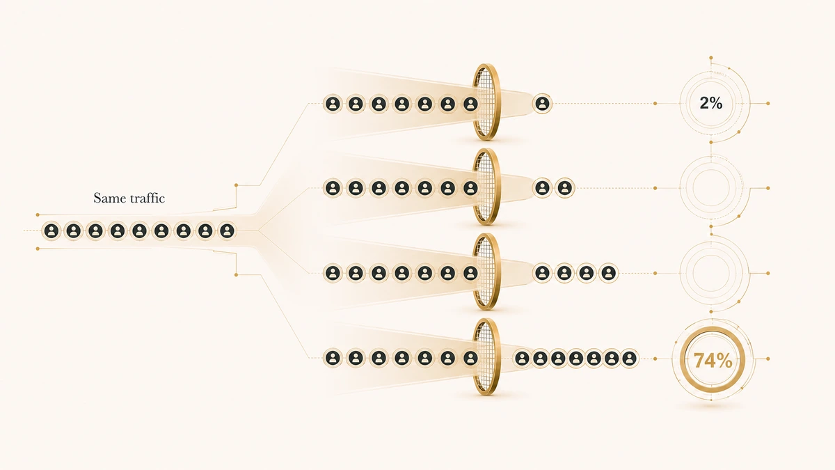 Diagram showing one visitor identification match rate producing results from 2 to 74 percent depending on the denominator