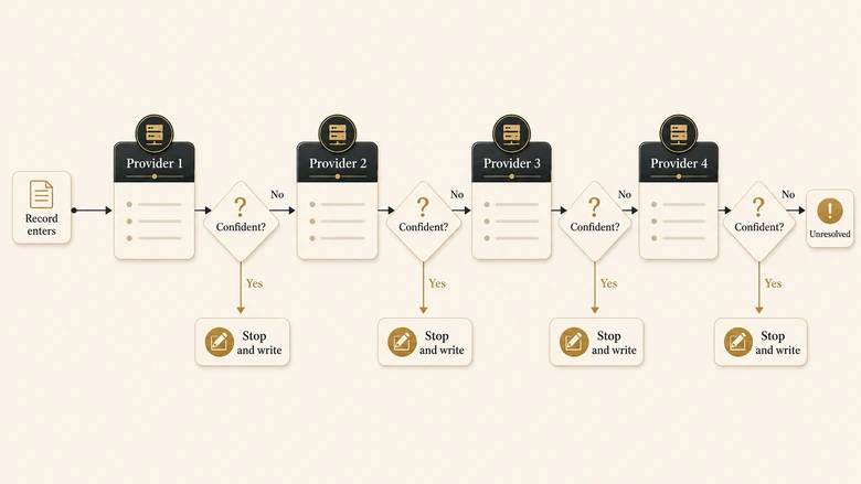 Waterfall enrichment diagram showing a record falling through providers in sequence until one returns a confident match