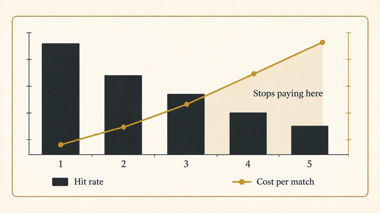 Chart showing cost per match rising at each provider position as hit rate falls down a waterfall enrichment chain