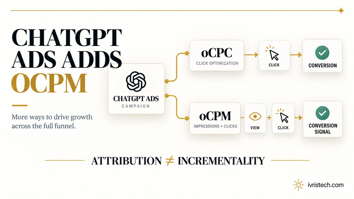 Diagram showing ChatGPT Ads campaign optimization with oCPC clicks, oCPM impressions and clicks, and conversion signals