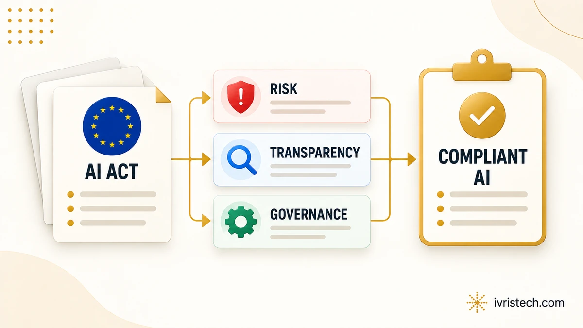 Illustration showing AI Act requirements for risk, transparency and governance flowing into compliant AI.