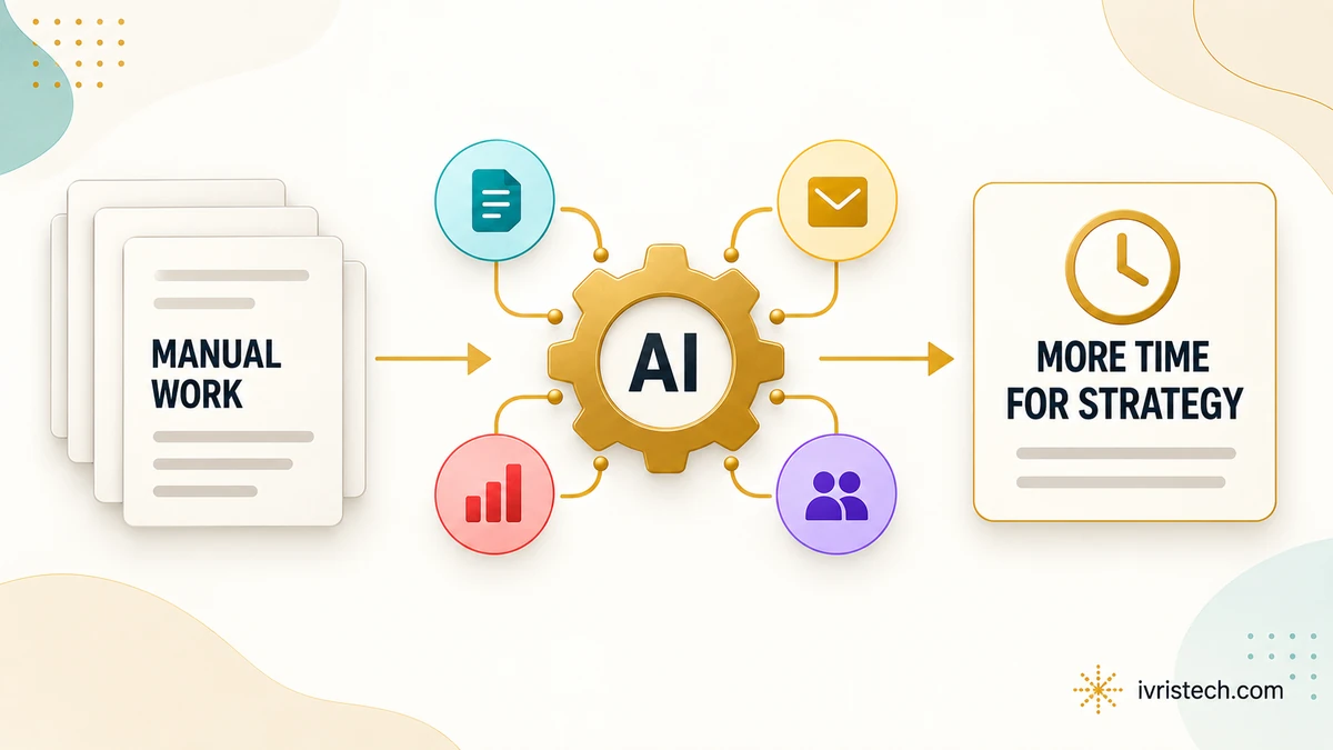 Illustration showing manual work moving through AI automation to create more time for strategy.