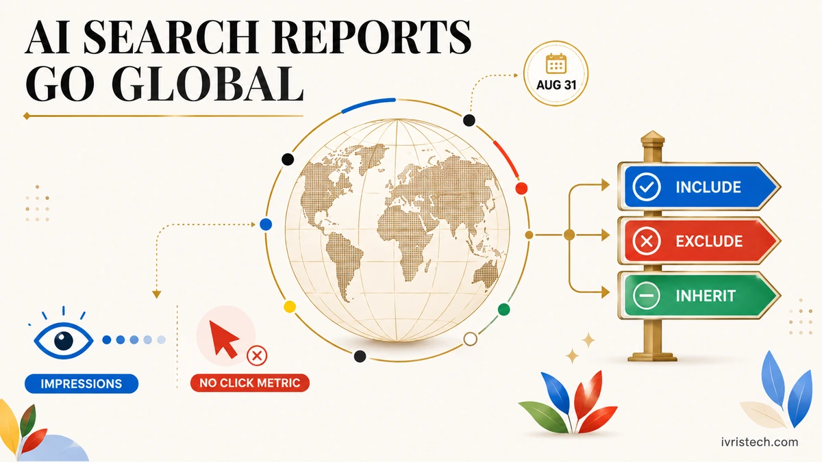 Google Search Console generative AI performance report shown as a worldwide rollout globe with impression-only reporting and include, exclude and inherit controls.