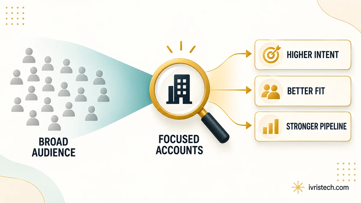 Illustration showing a broad audience narrowed into focused accounts with higher intent, better fit and a stronger pipeline.