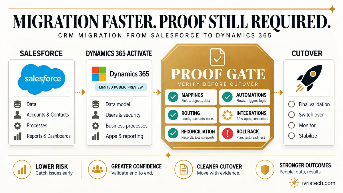 Editorial migration diagram showing Salesforce moving through Dynamics 365 Activate and a proof gate covering mappings, automations, routing, integrations, reconciliation and rollback.