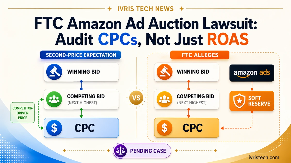 FTC Amazon ad auction lawsuit graphic comparing second-price CPC expectations with alleged soft-reserve pricing