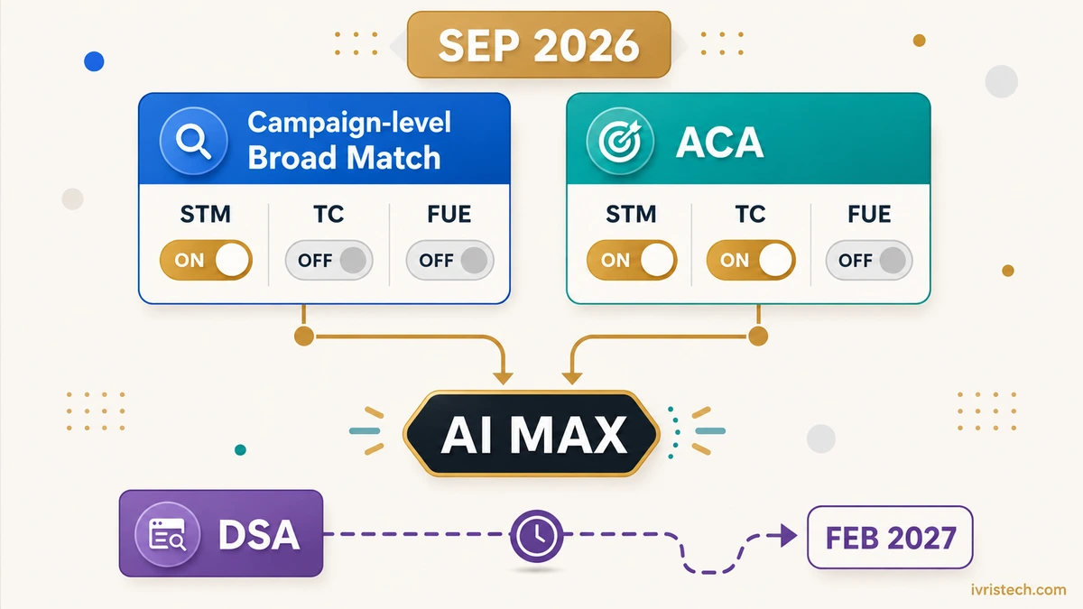Google Ads AI Max migration showing September Broad Match and ACA settings with DSA deferred to February 2027
