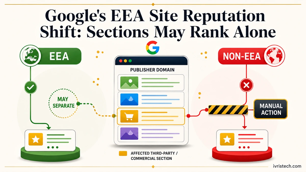 Google Site Reputation Policy EEA split showing possible section-level ranking independence and non-EEA manual-action impact