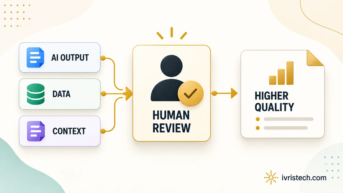 Illustration showing AI output, data and context flowing into human review before producing a higher-quality result.