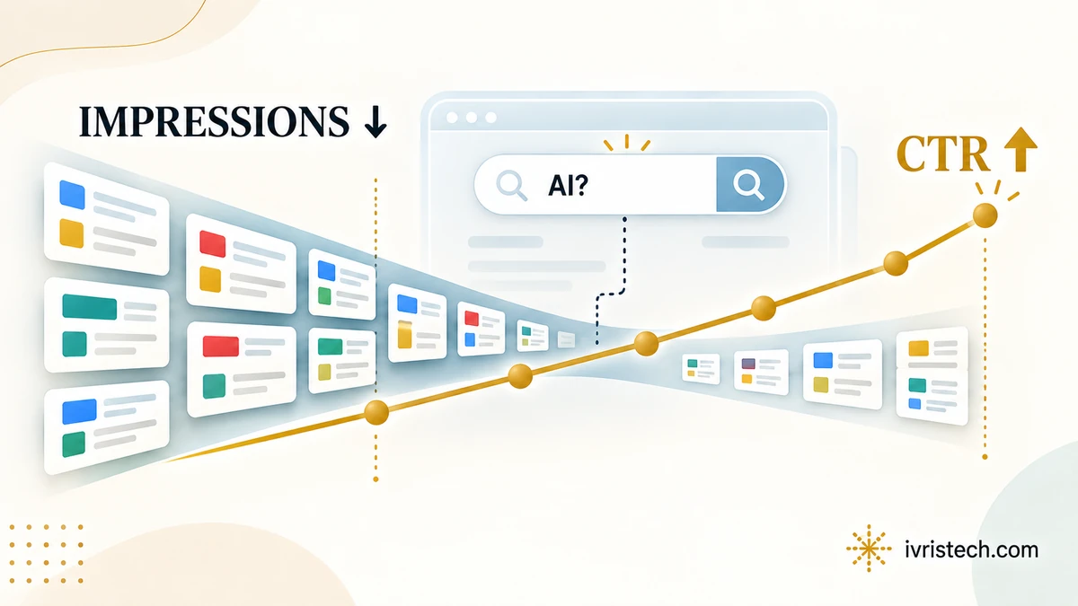 Illustration showing impressions decreasing while CTR rises, with an AI search layer marked as an uncertain factor.