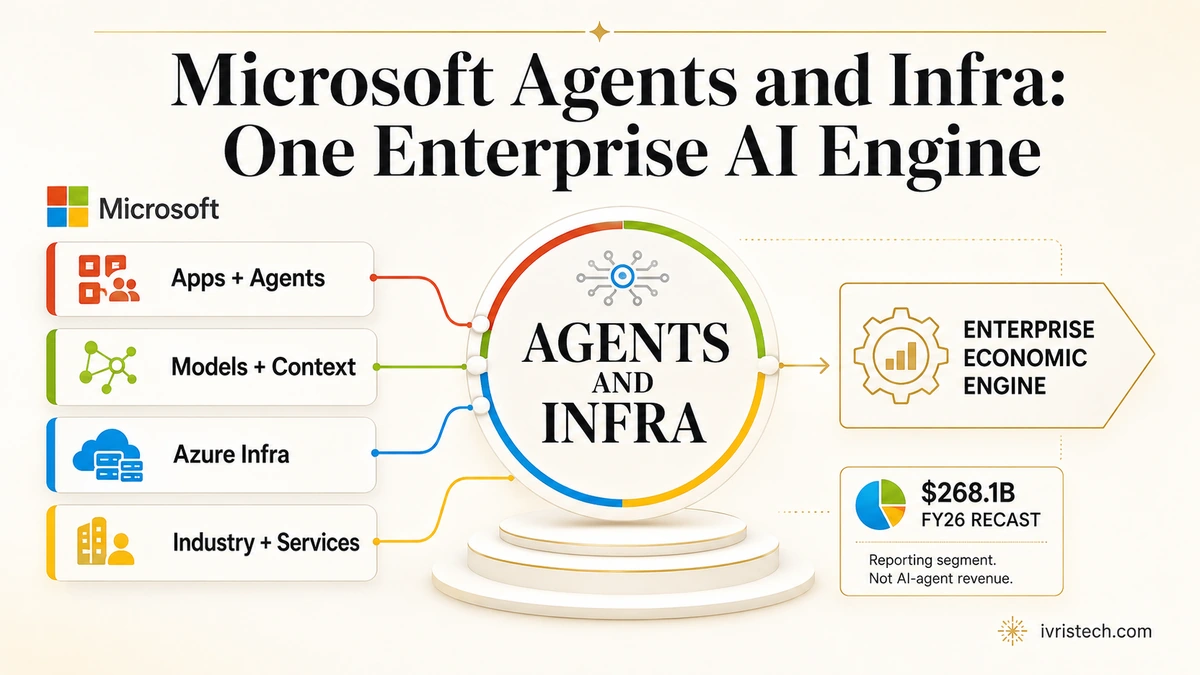 Concept diagram showing Microsoft Agents and Infra combining apps and agents, enterprise context, Azure infrastructure, industry solutions and services into one FY27 reporting segment.