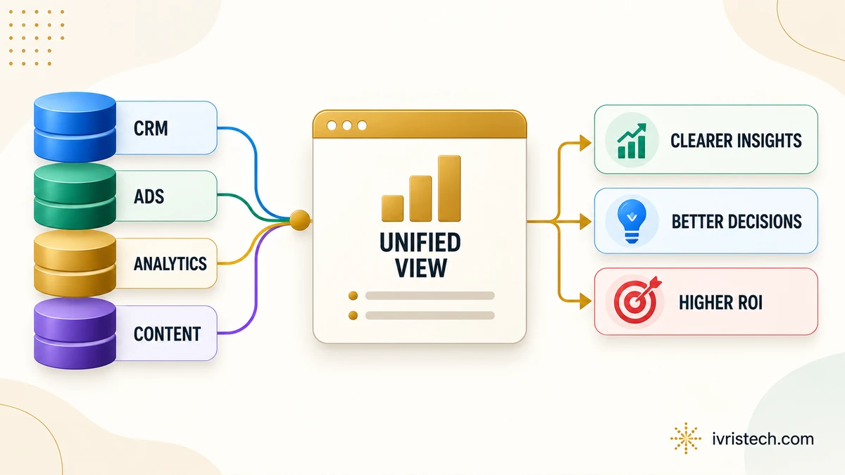 Illustration showing CRM, ads, analytics and content data combining into a unified view for clearer insights, better decisions and higher ROI.