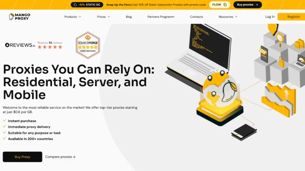 MangoProxy homepage showing residential, ISP, datacenter, and mobile proxy options